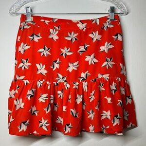 Joie 100% Silk Red Cream Grey Black Floral Mini Ruffle Hem Lightweight Skirt XS